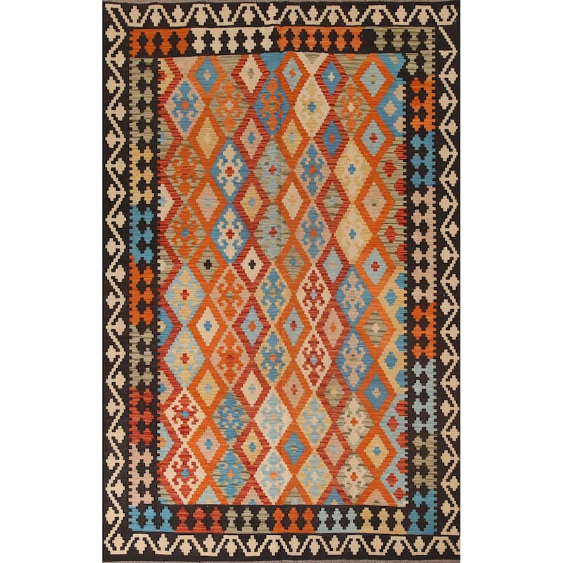 Hand Woven Oriental 100% Wool Carpet Southwestern Geometric Oranges & Rust Kilim Area Rug - 9' 9'' X 6' 8''