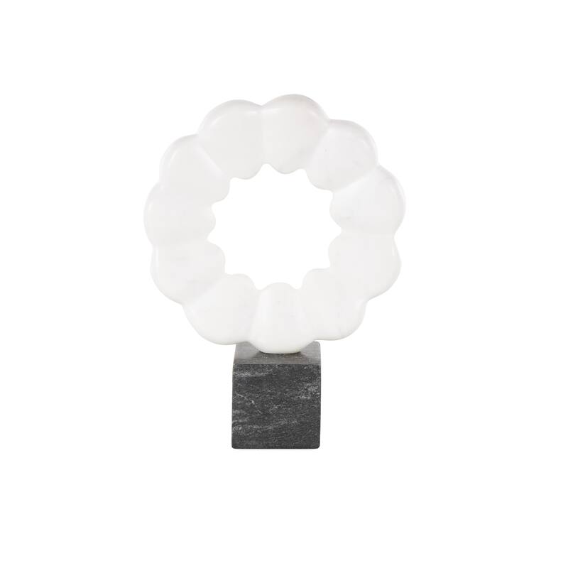 White Marble Floral Inspired Ring Geometric Decorative Sculpture with Black Block Base