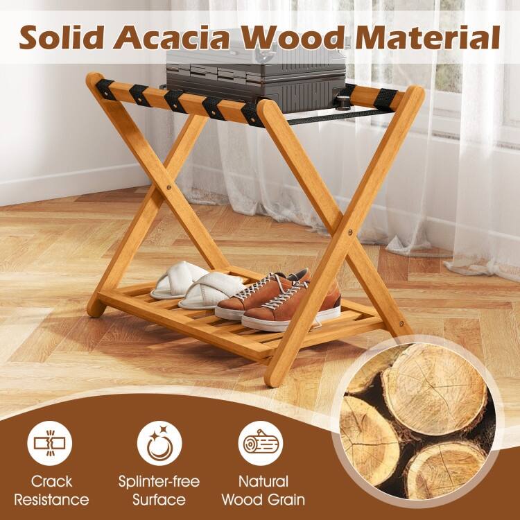 Set of 2 Oak Acacia Wood Folding 2-Tier Luggage Rack with Straps and Shelf - 27" x 16.5" x 23"