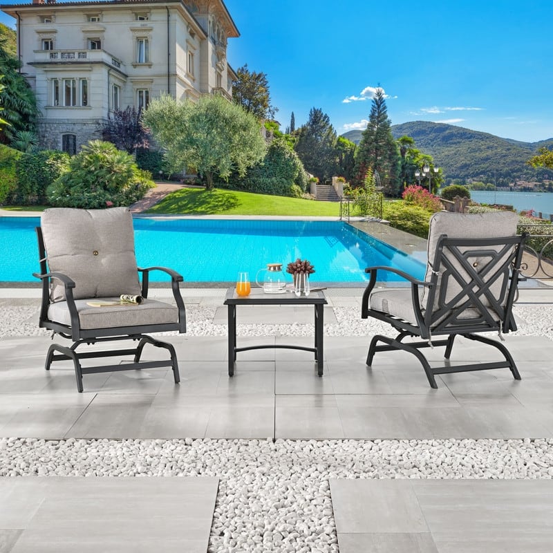 3-Piece Outdoor Metal Rocking-Motion Conversation Bistro Set - Grey