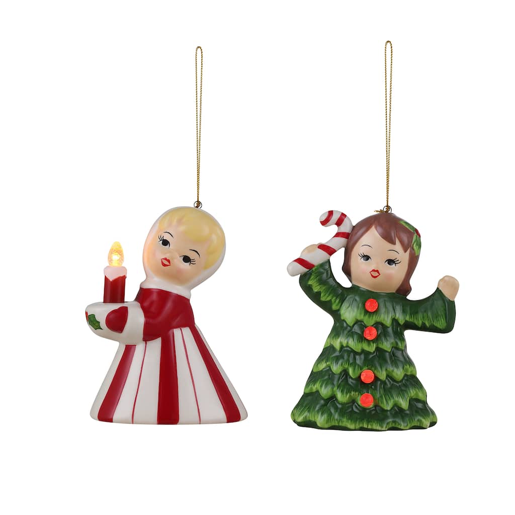 Set of 2 Vintage Christmas Kid Ornament - Candy Cane and Tree Girl