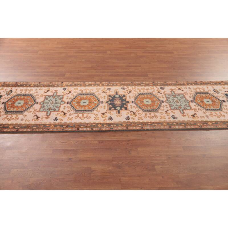 Geometric Pink Kazak Runner Rug Handmade Oriental Wool Carpet - 2'7"x 9'11"