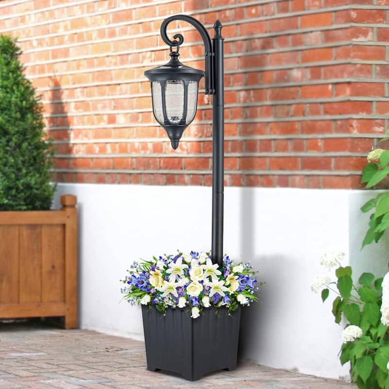 C Cattleya Integrated LED Solar Outdoor Post Light with Planter - Crackle-Glass