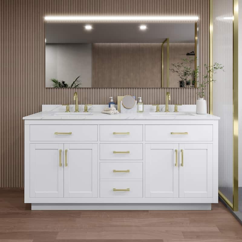 Wyndham Collection WCG262672D-QTZ-US3MXX Beckett TK 72" Free Standing - White / Giotto Quartz Top / Brushed Gold Hardware