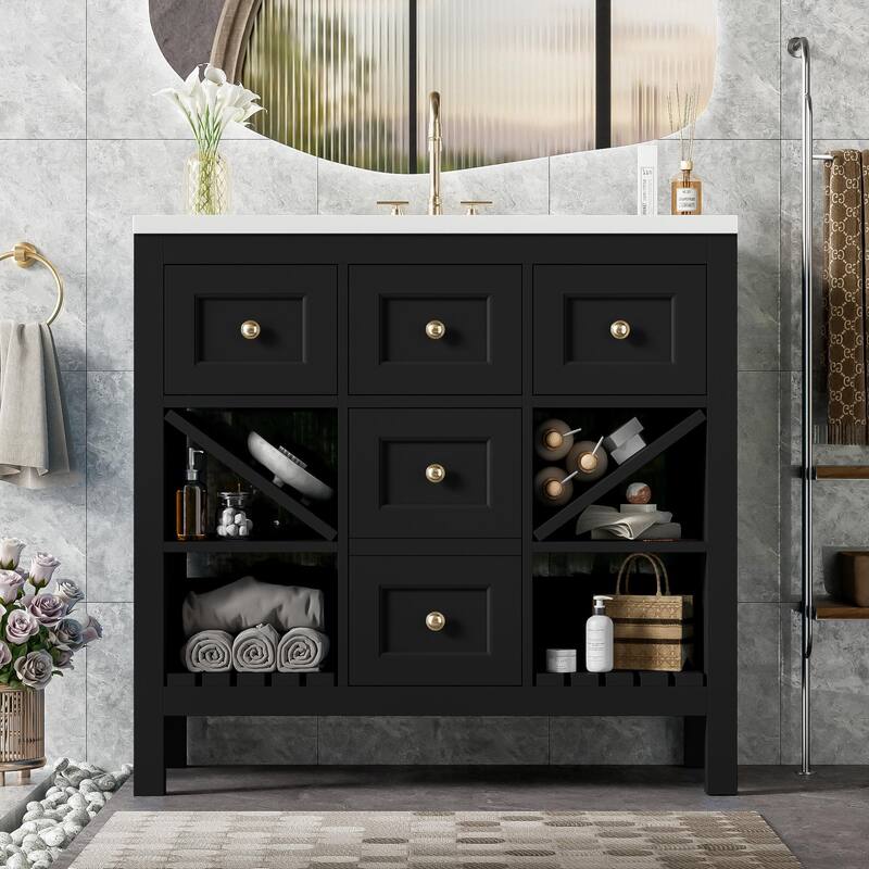 36" Bathroom Vanity with Resin Sink, 5 Drawers, Soft-Closing Doors, and Ample Storage - Freestanding Cabinet in Blue