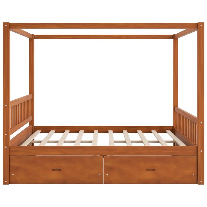 Wooden Canopy Bed Frame with Storage Drawers, Modern Poster Bed, Available in Queen or King