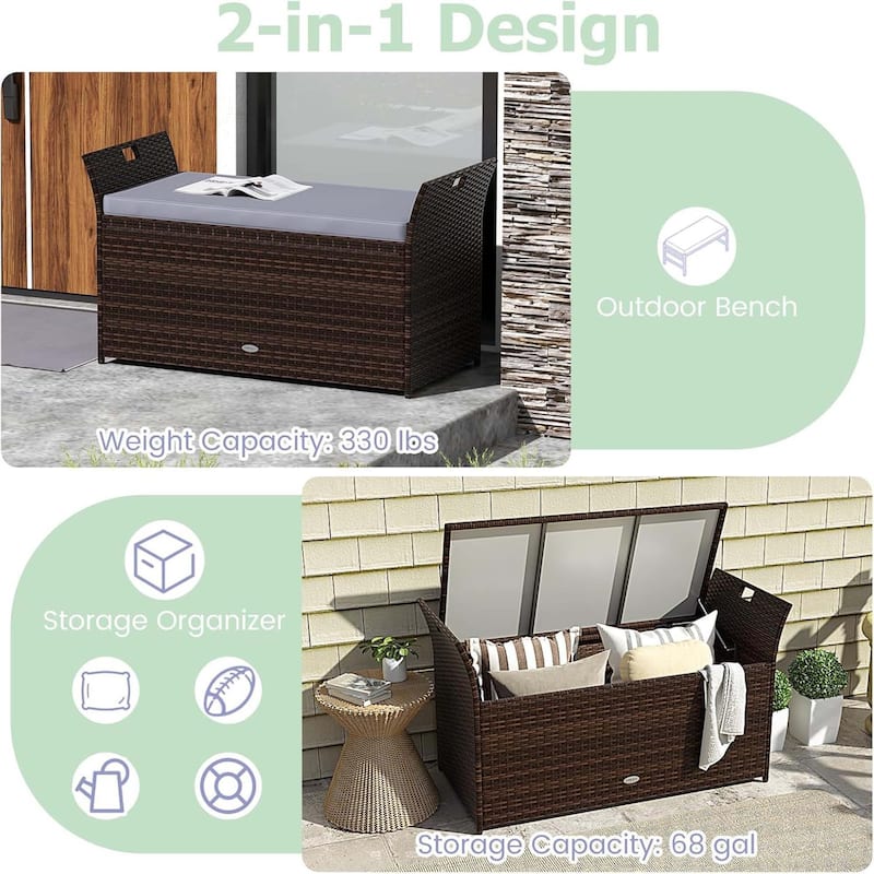 Outdoor Storage Bench Patio 68 Gallon Rattan Deck Box w/ Cushion