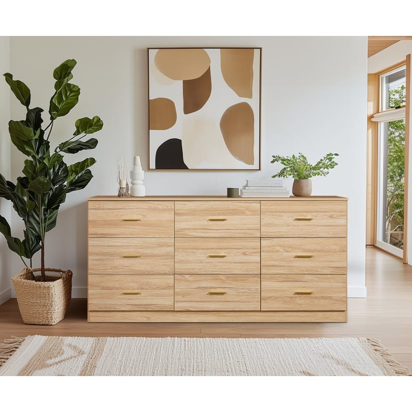 Modern Minimalist 9-Drawer Dressing Table, Entryway Table with Gold Handles and Waterproof Design, for Bedroom, Natural