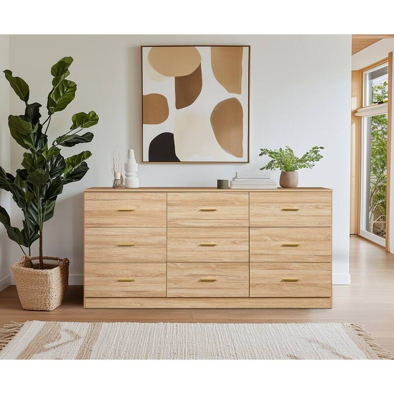 Modern Minimalist 9-Drawer Dressing Table, Entryway Table with Gold Handles and Waterproof Design, for Bedroom, Natural - Beige