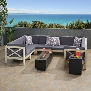 Thasos Outdoor Farmhouse Acacia Wood 8 Seater U-Shaped Sectional Sofa Set with Fire Pit by Christopher Knight Home
