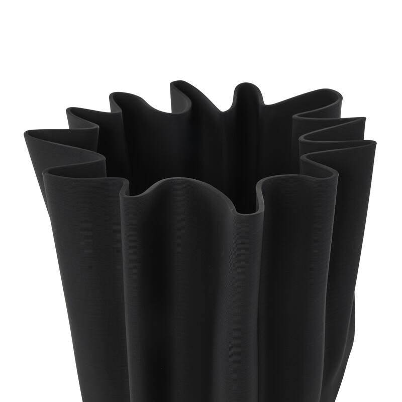 Ceramic Abstract Dimensional Ribbed Tulip Decorative Vase with Angular Rim - Black - Roche River Decor