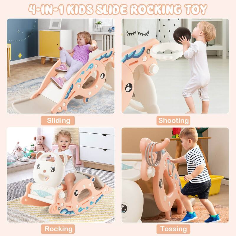 Gymax 4-in-1 Kids Slide Rocking Toy Slide Rocking Horse w/Basketball