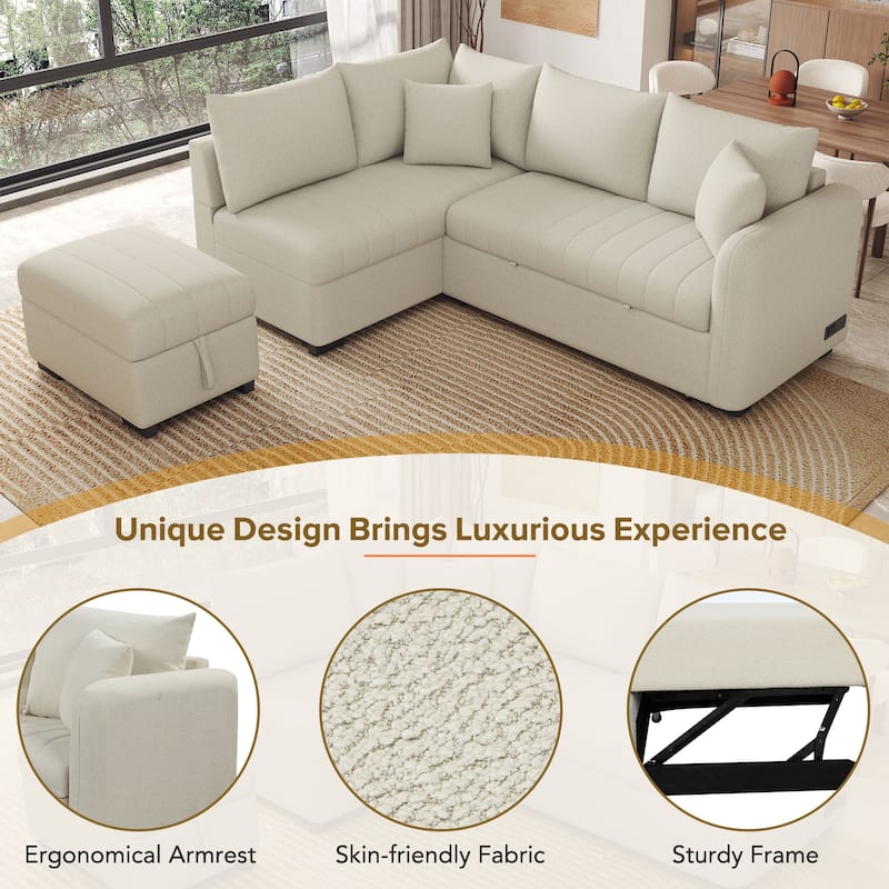82.6" L-shaped Sectional Pull Out Sofa Bed Sleeper Sofa with Two USB Ports, Two Power Sockets and a Movable Storage Ottoman, Bei - N/A