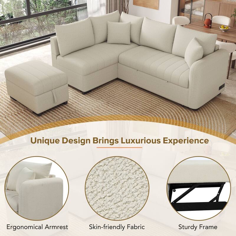 Beige 82.6" L-Shaped 5-Seat Sleeper Sofa with Pull-Out Bed, Storage Ottoman, USB Ports, and Power Outlets