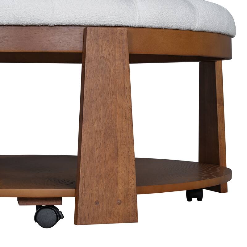 Anmytek 2 Tier Modern Large Round Tufted Ottoman Coffee Table Waterproof Linen Wood Storage Shelf With Wheels
