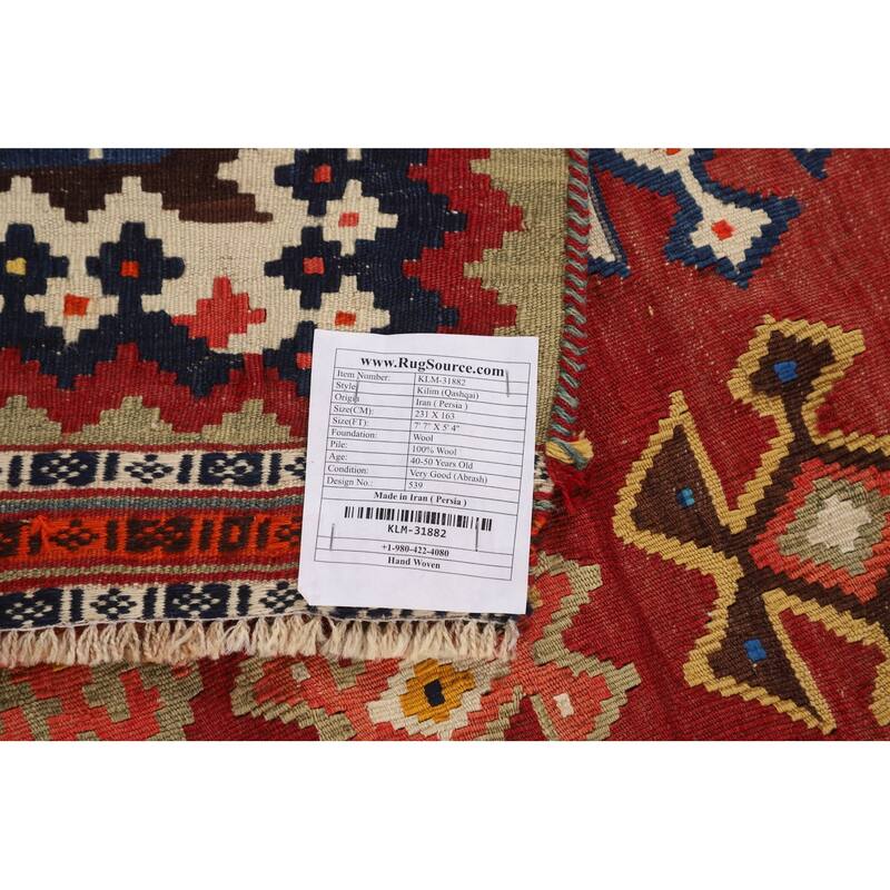 Red Kilim Qashqai Persian Vintage Rug Flatweave Geometric Wool Carpet - 5'4"x 7'7"