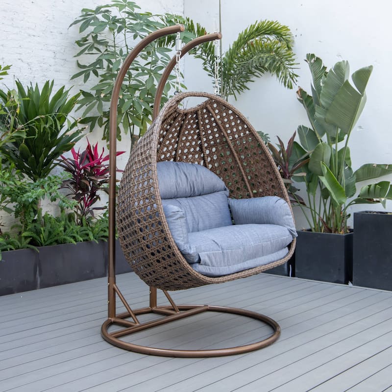 LeisureMod Mendoza Dark Brown 2 Seater Wicker Patio Hanging Double Swing Chair for Patio Porch Backyard Garden - 53"
