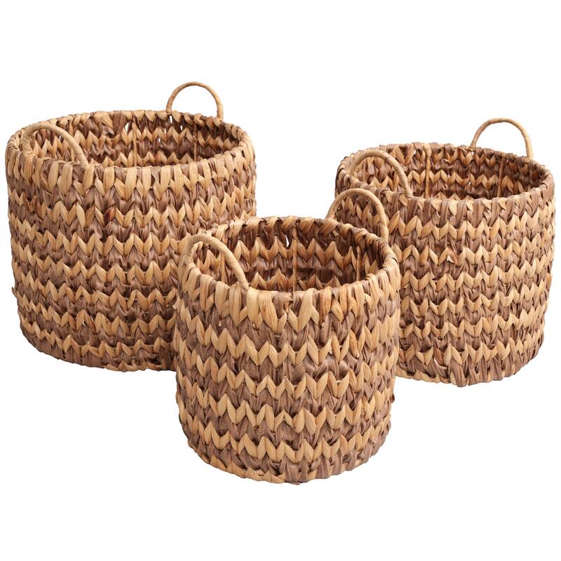 Coastal Handwoven Two-Tone Water Hyacinth Nesting Storage Baskets, Handles (Set of 3) - Brown Natural