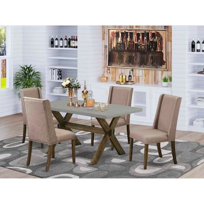 HomeStock 5-Piece Rectangle Distressed Jacobean Finish Solid Wood Top Dining Table with 4 Upholstered-Chairs with Lattice Back
