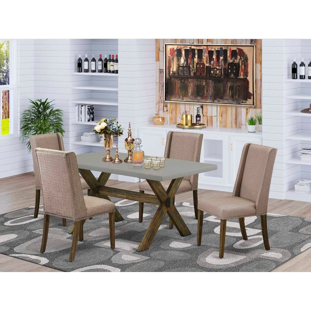 HomeStock 5-Piece Rectangle Distressed Jacobean Finish Solid Wood Top Dining Table with 4 Upholstered-Chairs with Lattice Back