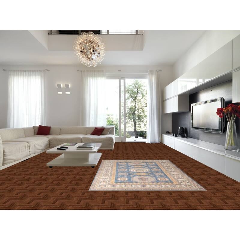 Geometric Blue Kazak Living Room Area Rug Hand-Knotted Wool Carpet - 6'8" x 9'9"