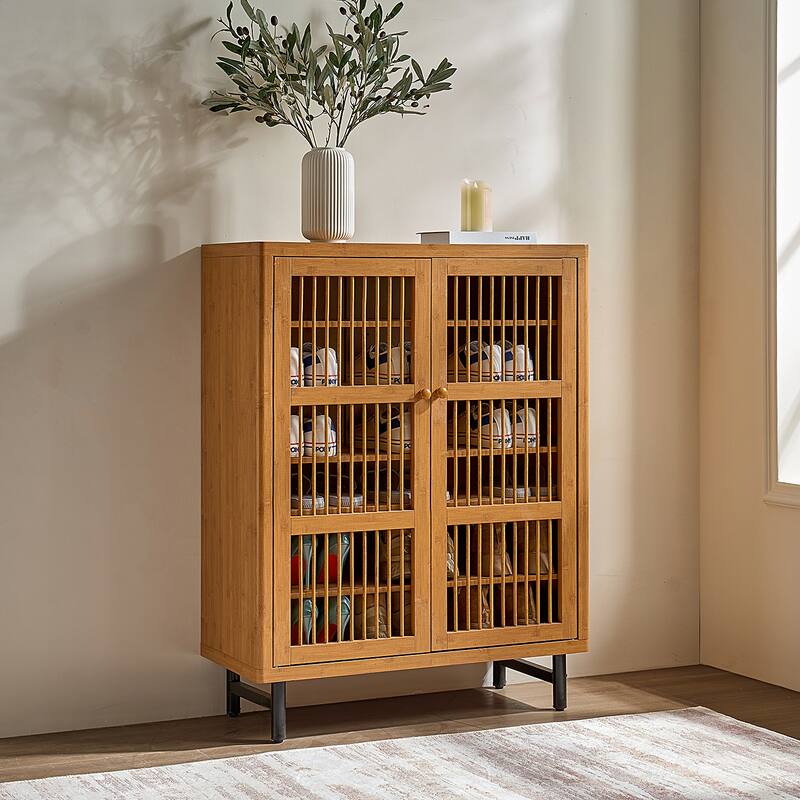 Rosetta 6-Tier Modern Wooden Shutter Design Shoe Rack Cabinet with Adjustable Shelves, Sturdy Metal Legs - Natural