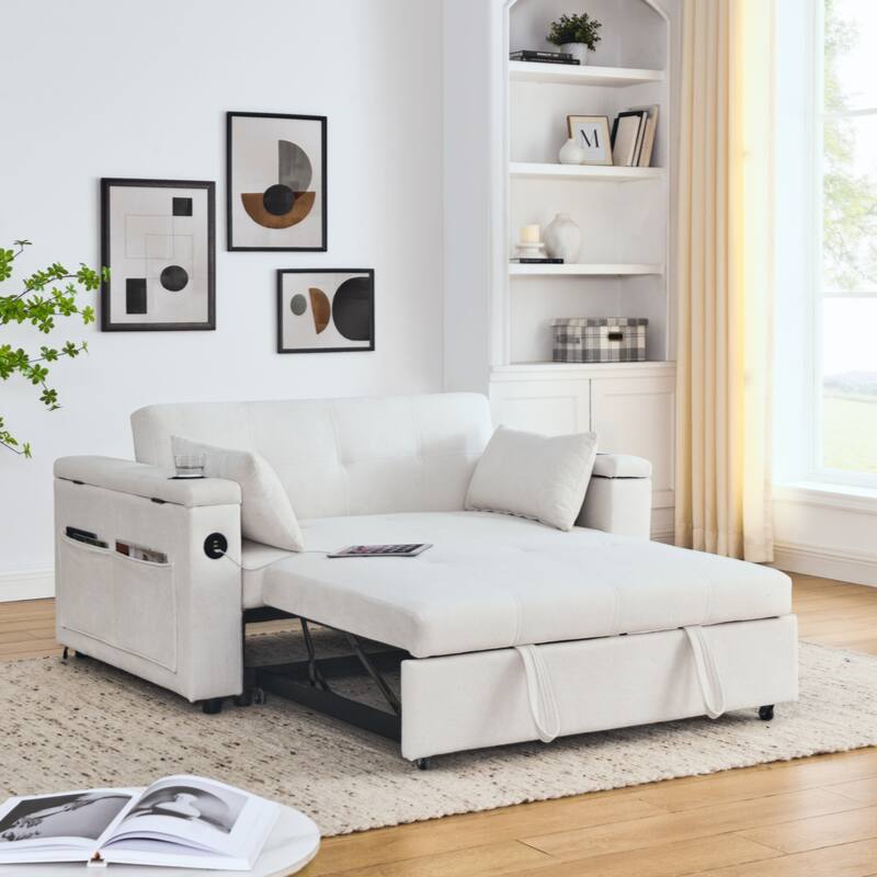 54" Pull-Out Sleeper Sofa Bed Double Seat Recliner Sofa Bed with Armrests with Storage and Side Pockets,with USB Power Outlet