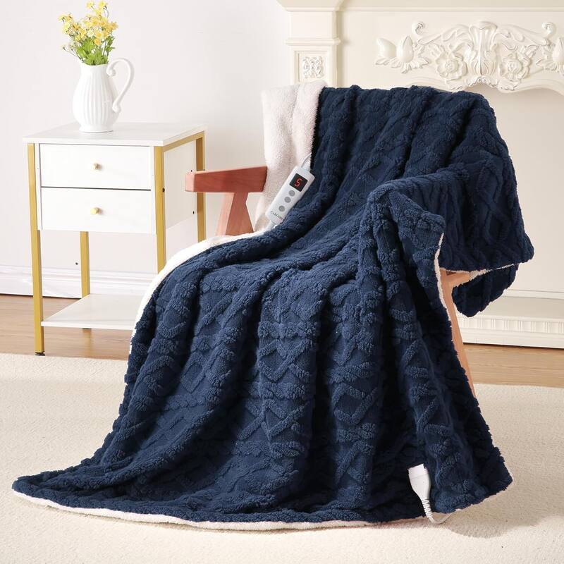 Tufted Sherpa Electric Blanket with 6 Heating Levels for Living Room, Bedroom, Blue - 50*60Inch