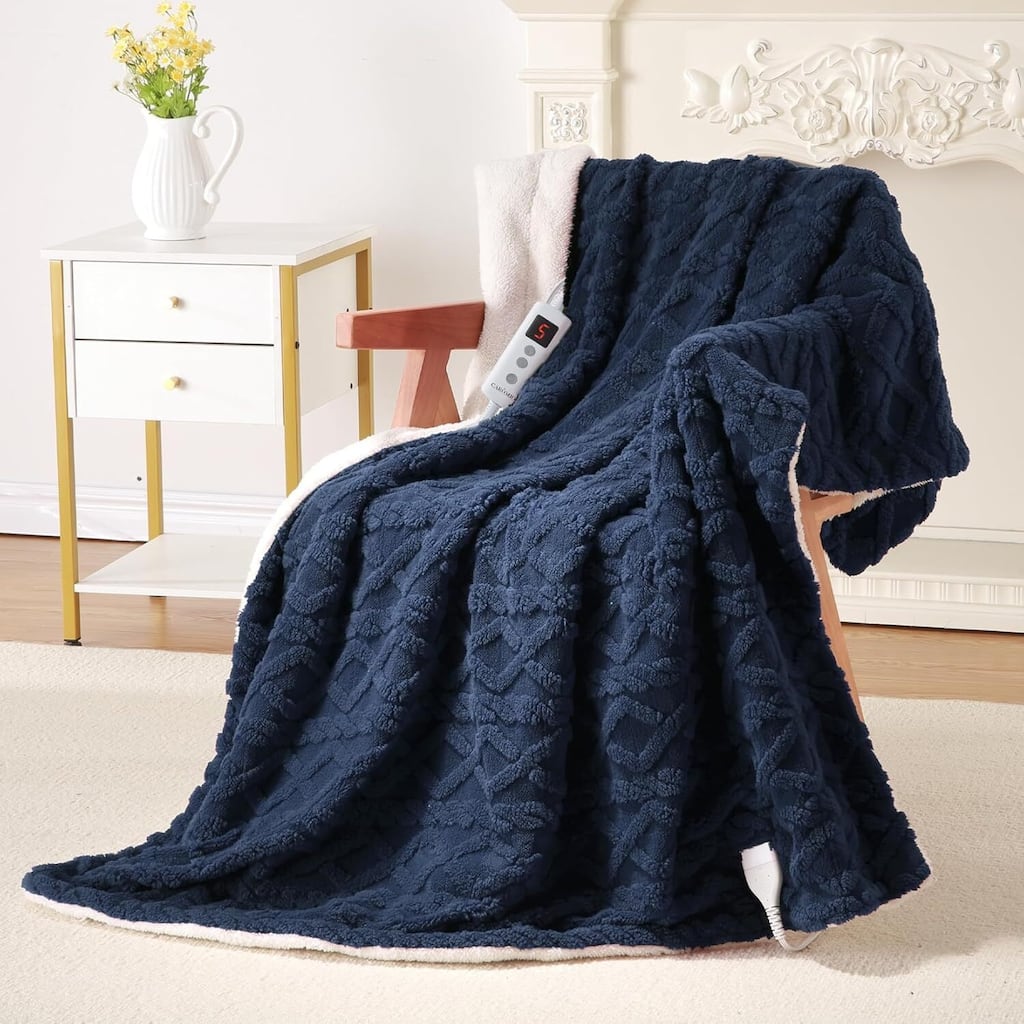 Tufted Sherpa Electric Blanket with 6 Heating Levels for Living Room, Bedroom, Blue