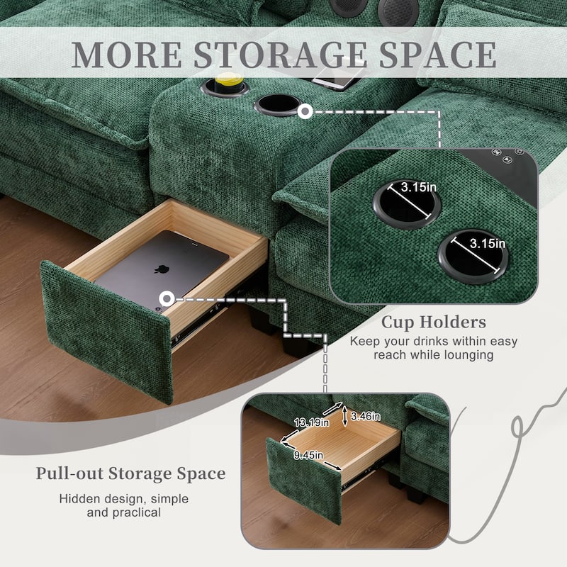 6-seat Chenille Upholstered Modern U-shaped Sectional Multifunctional Sofa with 2 Cup Holders,Pull-out Storage Space