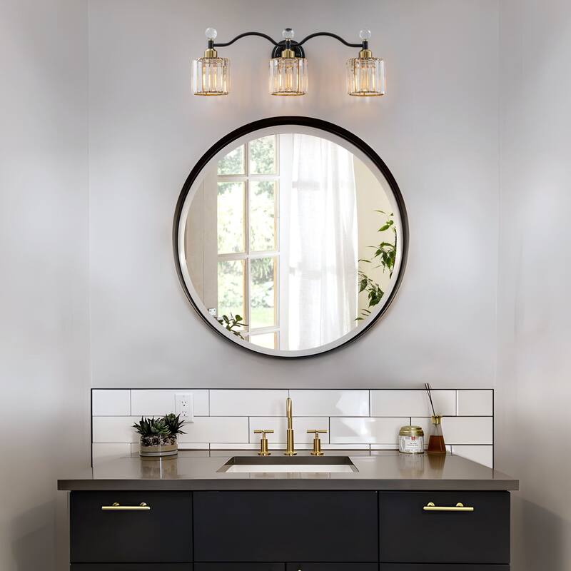 Starsky 3-Light Modern Crystal Bathroom Vanity Fixture with Ribbed Glass Shades and Sparkling Crystal Ball Accents