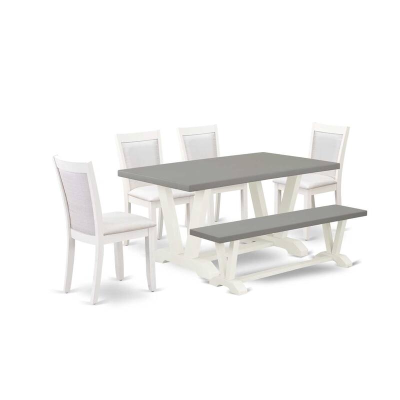 HomeStock 6-Piece Wire Brushed Linen White Finish Solid Wood Top Dining Table with 1-Bench, 4 Upholstered-Chairs