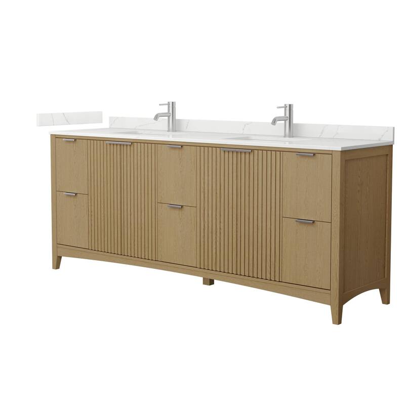 Wyndham Collection WCF9191-84D-QTZ-UNSMXX Palmilla 84" Free Standing - Natural Oak / Giotto Quartz Top / Brushed Nickel