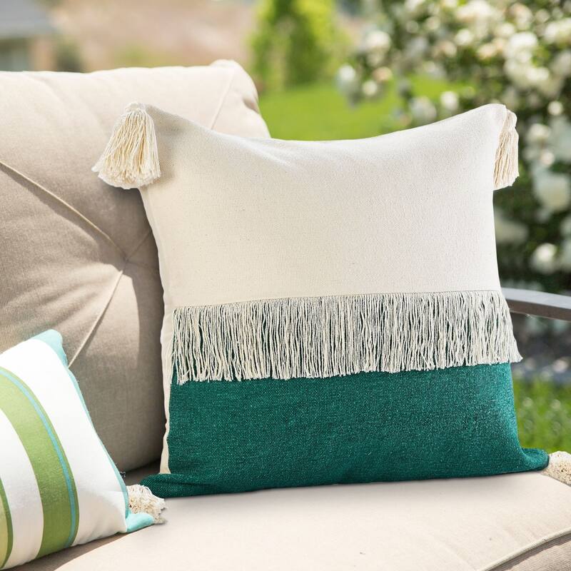 20" Green and White Fringe Color Block Square Throw Pillow