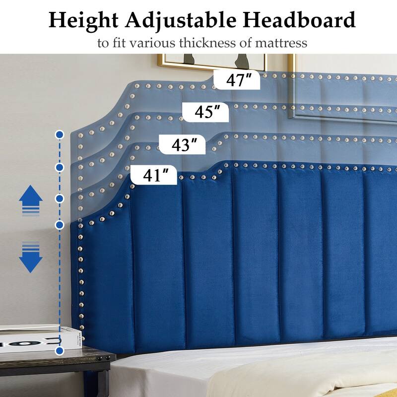 VECELO Upholstered Bed Frame with Nailhead Trim Adjustable Height Headboard, Twin/Full/Queen Size Bedframes