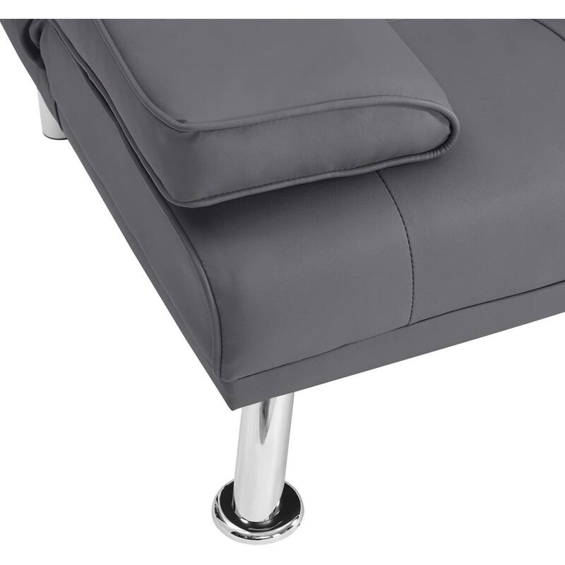 Futon Sofa Bed Couch with Armrest & Cupholders, Faux Leather Sofa Bed Couch Convertible Folding Reclining Small Couch