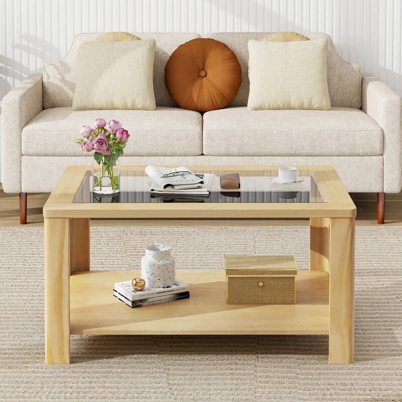 Gymax 2-Tier Coffee Table w/ Tempered Glass Tabletop & Storage Shelf