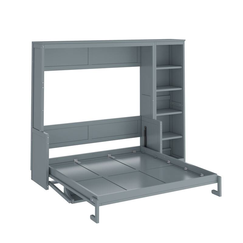 Full/Queen Size Murphy Bed with Built-in Desk, Wall Bed Folding Bed Frame with 5-Tier Side Bookshelf