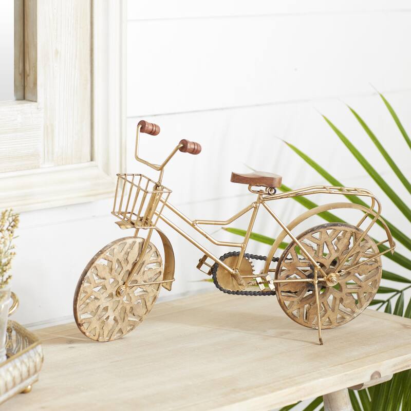 Metal Bike Decorative Sculpture with Carved Wood Wheels - White, Brown, Gold - Roche River Decor
