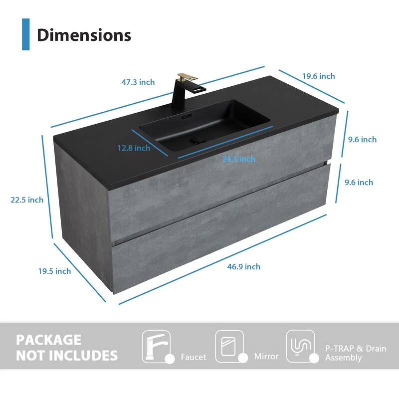 RupheonD 36" 48" Cement Grey Bathroom Vanity with Black Quartz Top