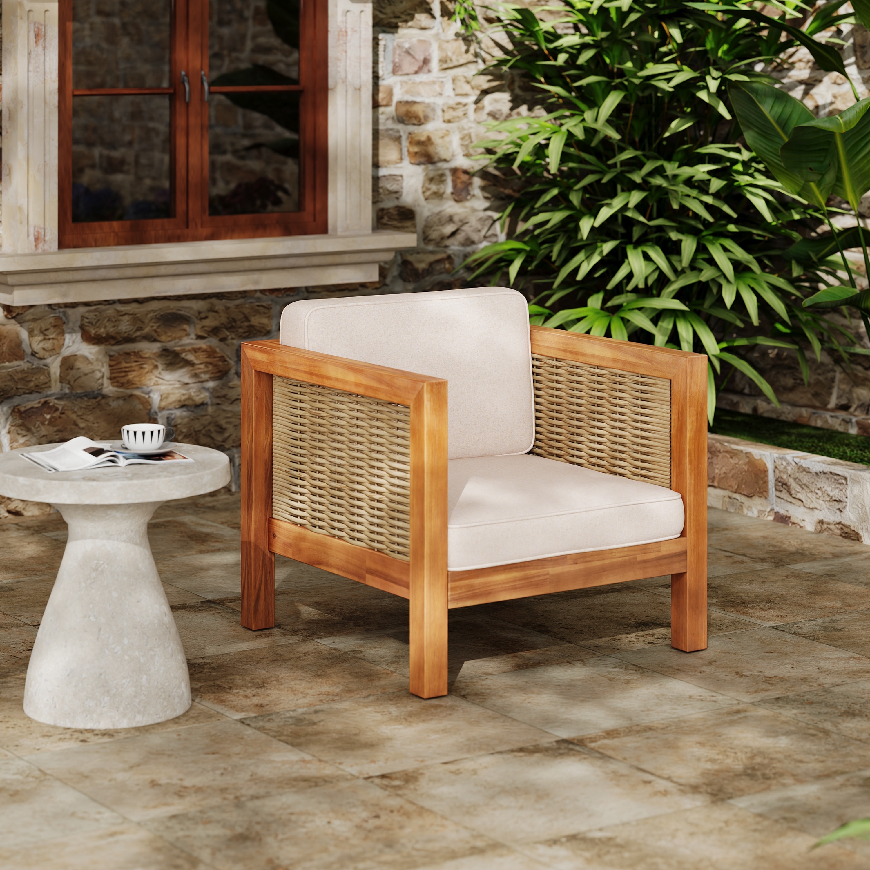 Set of 2 Outdoor Club Chairs, Acacia Wood & Wicker with Beige Cushions