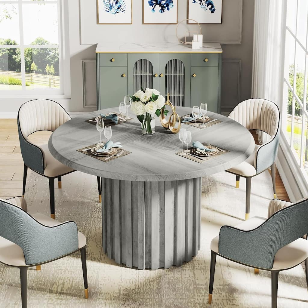 Round Dining Table Kitchen Table, Farmhouse Dinner Table with Metal Base