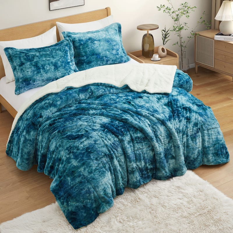 3-Piece Reversible Plush Sherpa Down Alternative Comforter Set - Peacock Blue - Queen
