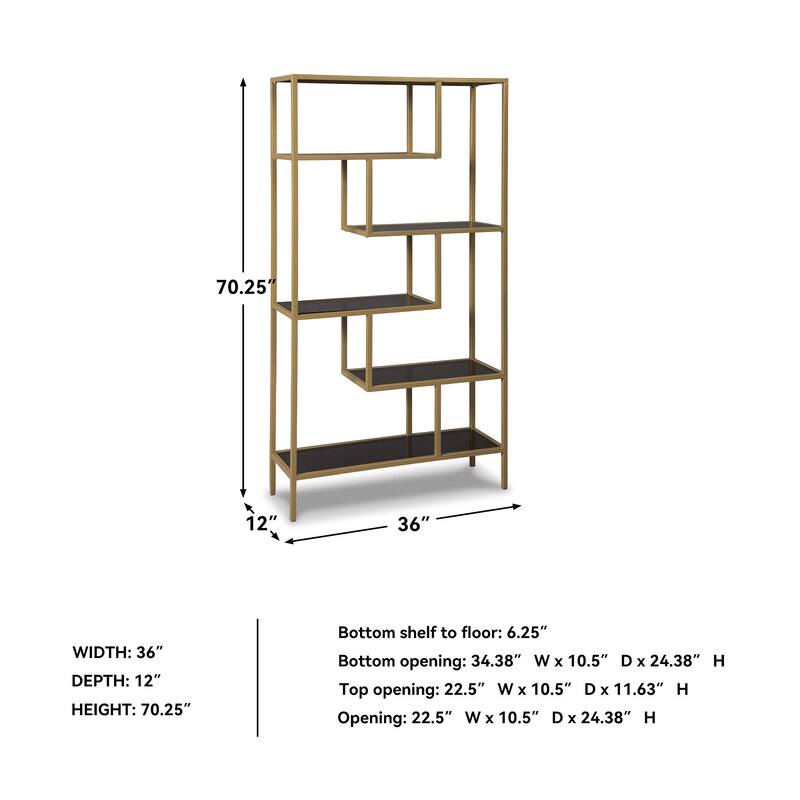 Frankwell Gold Finished Glass/Metal Tiered Open Shelf Bookcase - 36" W x 12" D x 70" H
