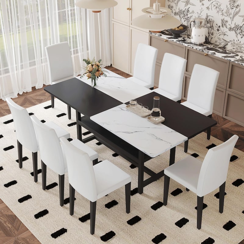 71" Two-Tone Rectangular Dining Table Set with Lower Storage Shelf, Modern Kitchen Dining Table & Chairs Set for Family