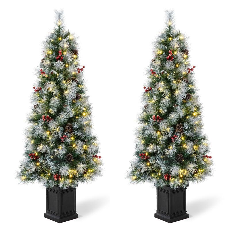 Glitzhome Christmas 5-Piece Set with Berry Leaf Wreath, Teardrop and 4/5ft Potted Trees for Entrance Decoration