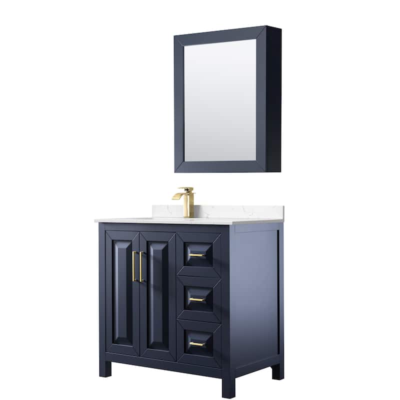 Daria 36-inch Single Vanity, Cultured Marble Top, Med Cabinet - Dark Blue, Gold Trim, Carrara Cultured Marble Top