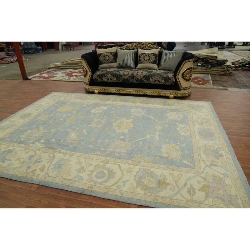 Vegetable Dye Blue Oushak Turkish Area Rug, Floral Geometric Carpet - 11' 10'' X 9' 0''