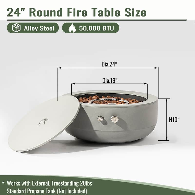 24" Propane Gas Round Steel Fire Pit Bowl with 50000 BTU