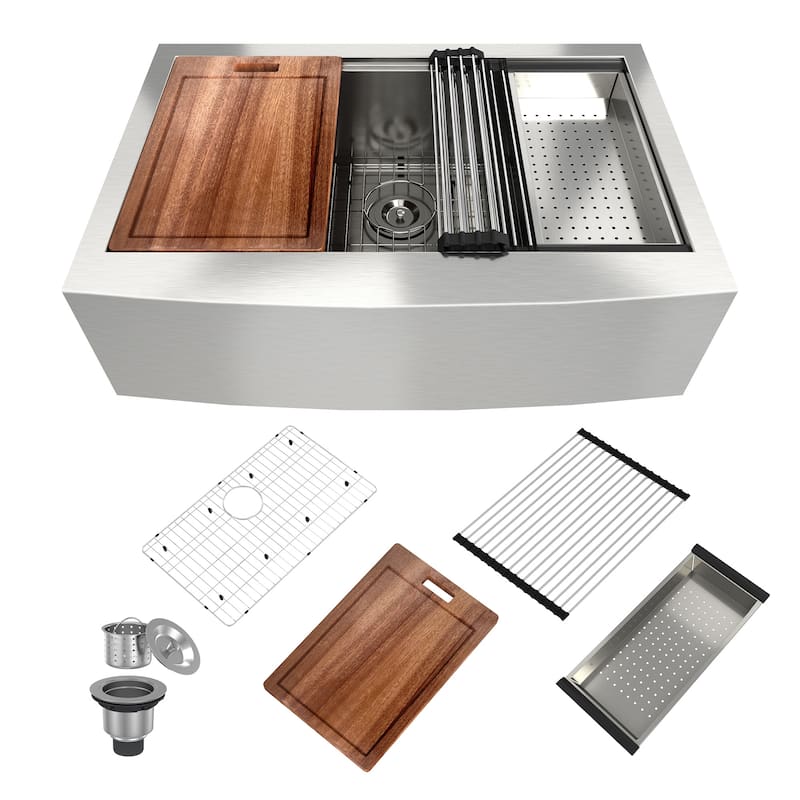 Farmhouse/Apron-Front Single Bowl 18 Gauge Brushed Stainless Steel Workstation Kitchen Sink with Accessories